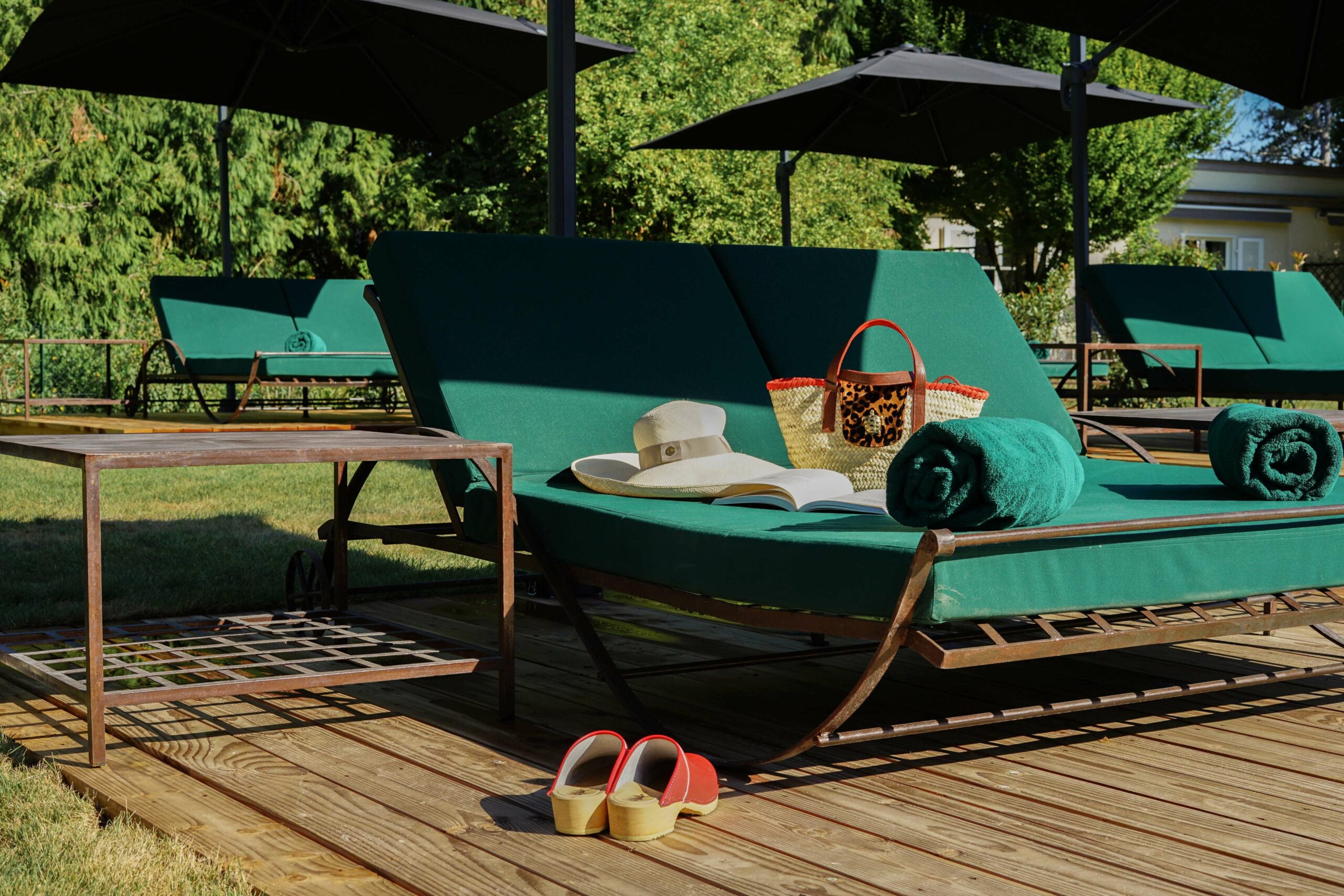 French Flair Burgundy Hostellerie de Levernois swimming pool sunbeds