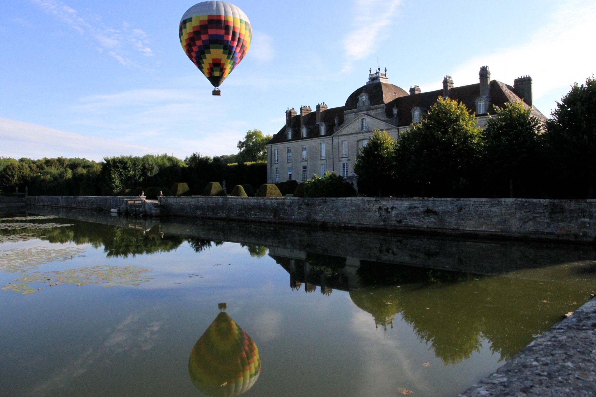 French Flair Burgundy Hot Air Balloon over Hostellerie de Levernois